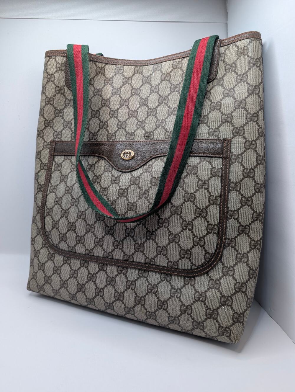 Authentic Gucci Vintage GG Canvas Sherry Line Tote w/ Web Strap